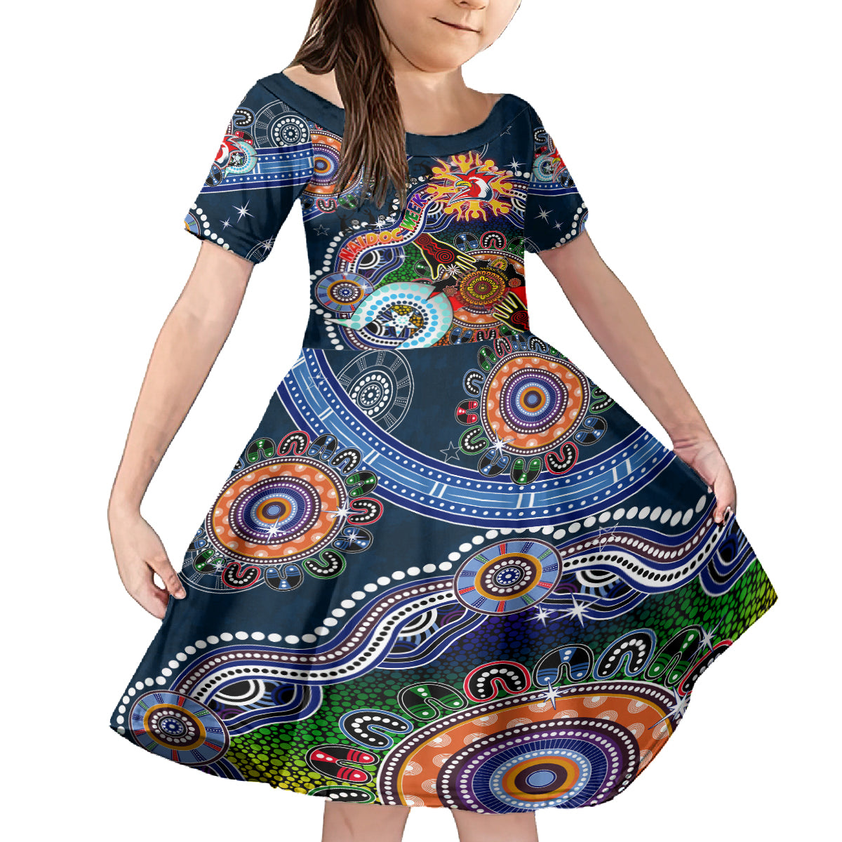 Personalised Roosters NAIDOC Week 2024 Kid Short Sleeve Dress Australia Aboriginal Dot Painting