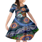 Personalised Roosters NAIDOC Week 2024 Kid Short Sleeve Dress Australia Aboriginal Dot Painting