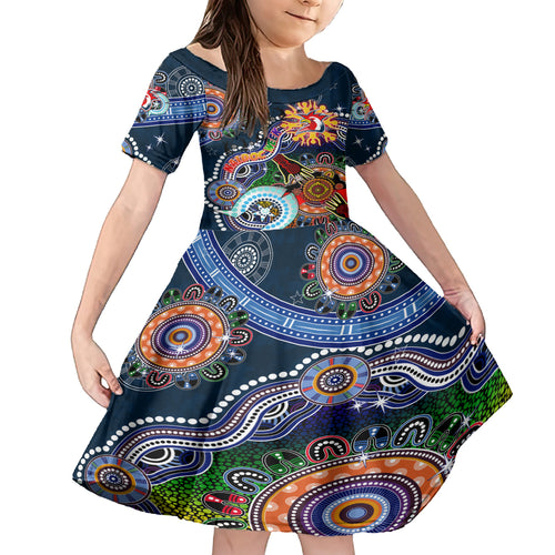 Personalised Roosters NAIDOC Week 2024 Kid Short Sleeve Dress Australia Aboriginal Dot Painting