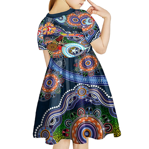 Personalised Roosters NAIDOC Week 2024 Kid Short Sleeve Dress Australia Aboriginal Dot Painting
