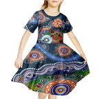Personalised Roosters NAIDOC Week 2024 Kid Short Sleeve Dress Australia Aboriginal Dot Painting