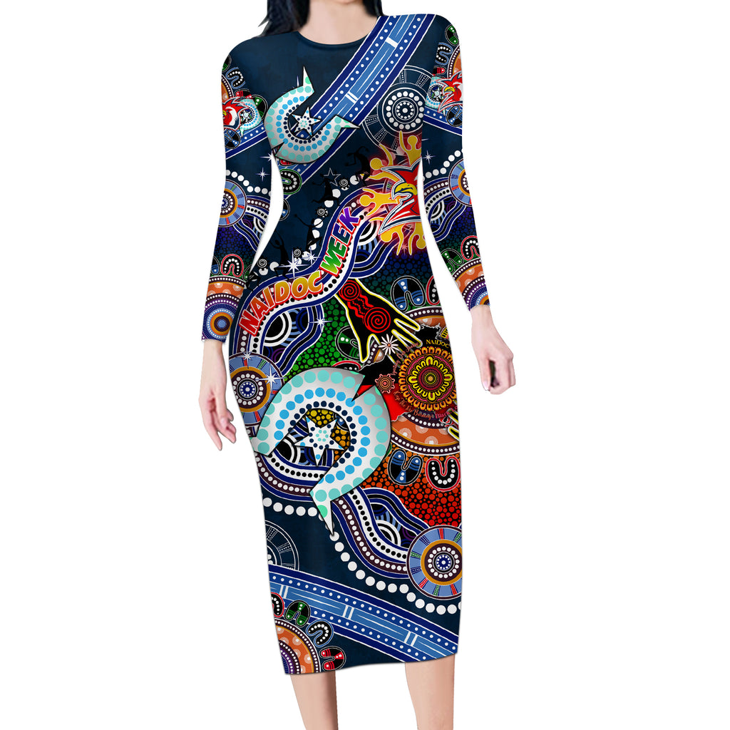 Personalised Roosters NAIDOC Week 2024 Long Sleeve Bodycon Dress Australia Aboriginal Dot Painting