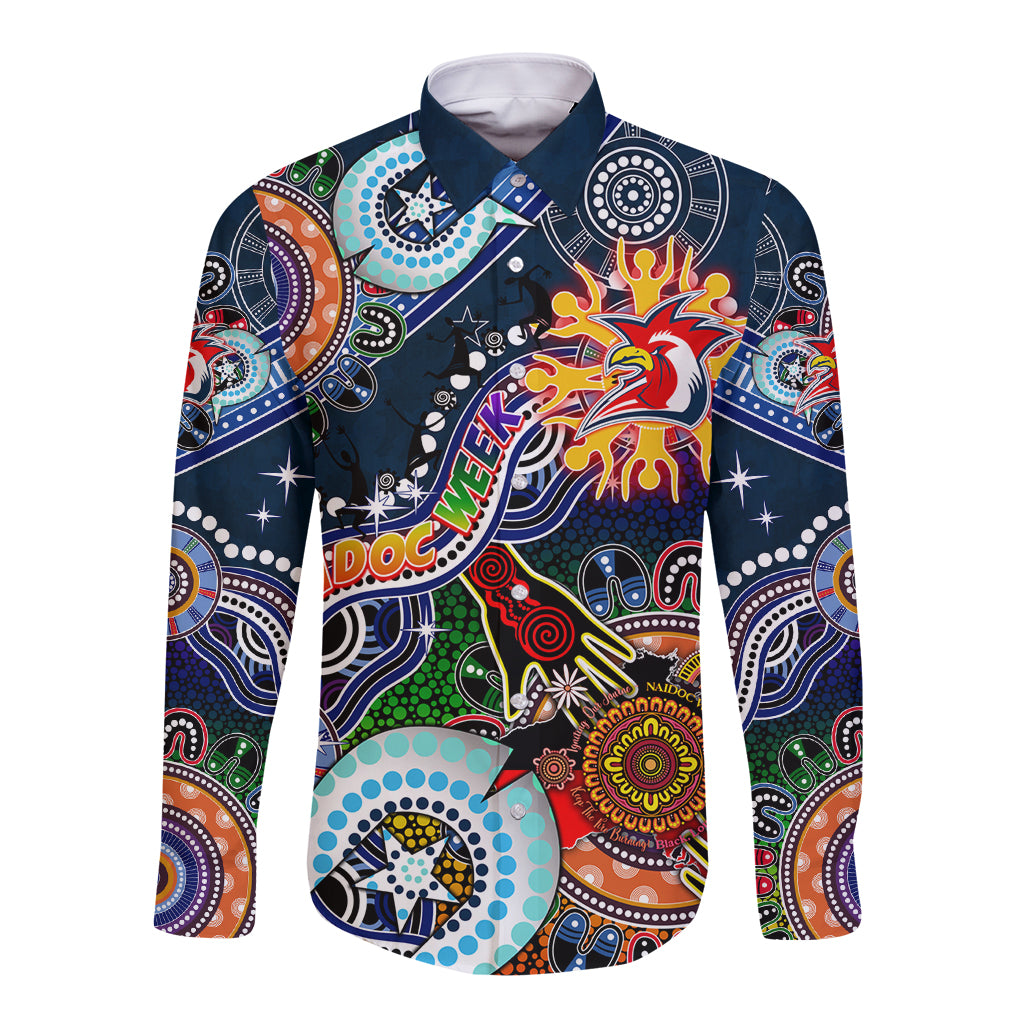 Personalised Roosters NAIDOC Week 2024 Long Sleeve Button Shirt Australia Aboriginal Dot Painting