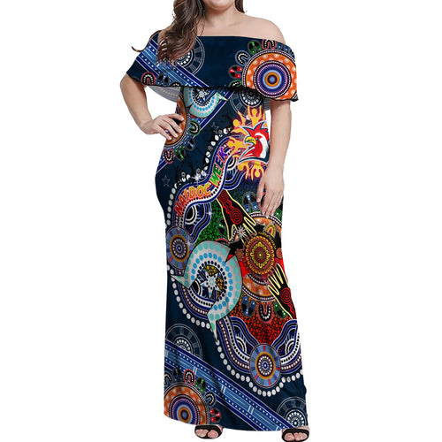 Personalised Roosters NAIDOC Week 2024 Off Shoulder Maxi Dress Australia Aboriginal Dot Painting
