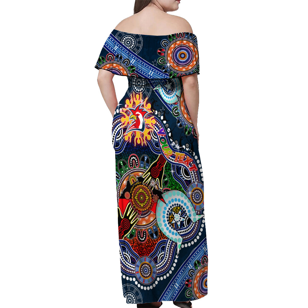 Personalised Roosters NAIDOC Week 2024 Off Shoulder Maxi Dress Australia Aboriginal Dot Painting