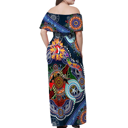 Personalised Roosters NAIDOC Week 2024 Off Shoulder Maxi Dress Australia Aboriginal Dot Painting