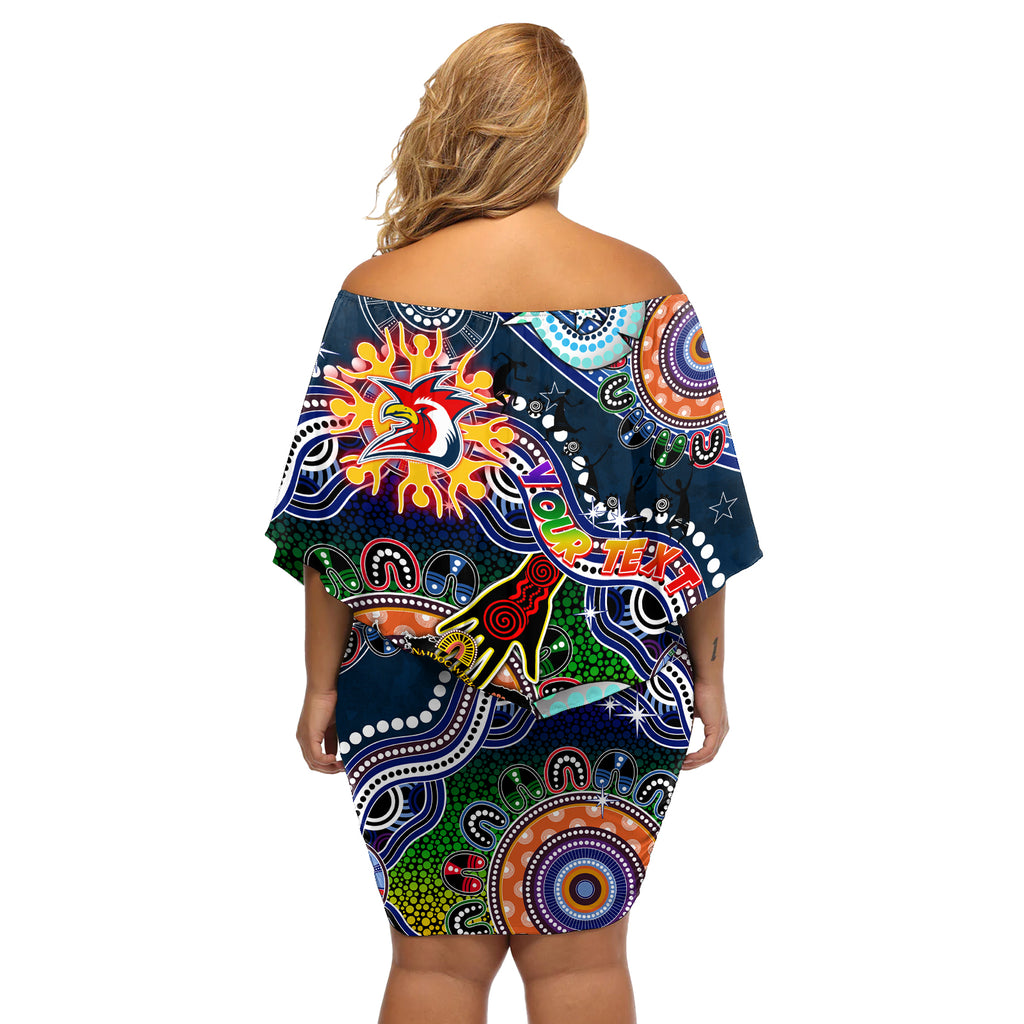 Personalised Roosters NAIDOC Week 2024 Off Shoulder Short Dress Australia Aboriginal Dot Painting