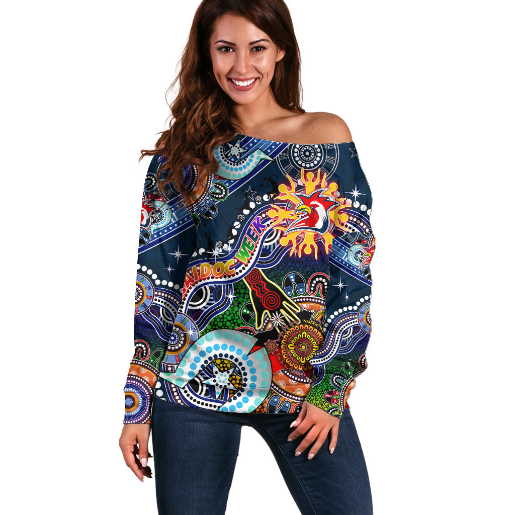 Personalised Roosters NAIDOC Week 2024 Off Shoulder Sweater Australia Aboriginal Dot Painting