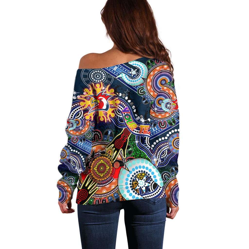 Personalised Roosters NAIDOC Week 2024 Off Shoulder Sweater Australia Aboriginal Dot Painting