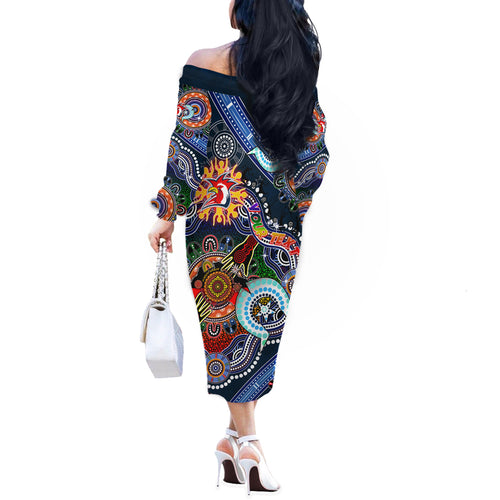 Personalised Roosters NAIDOC Week 2024 Off The Shoulder Long Sleeve Dress Australia Aboriginal Dot Painting