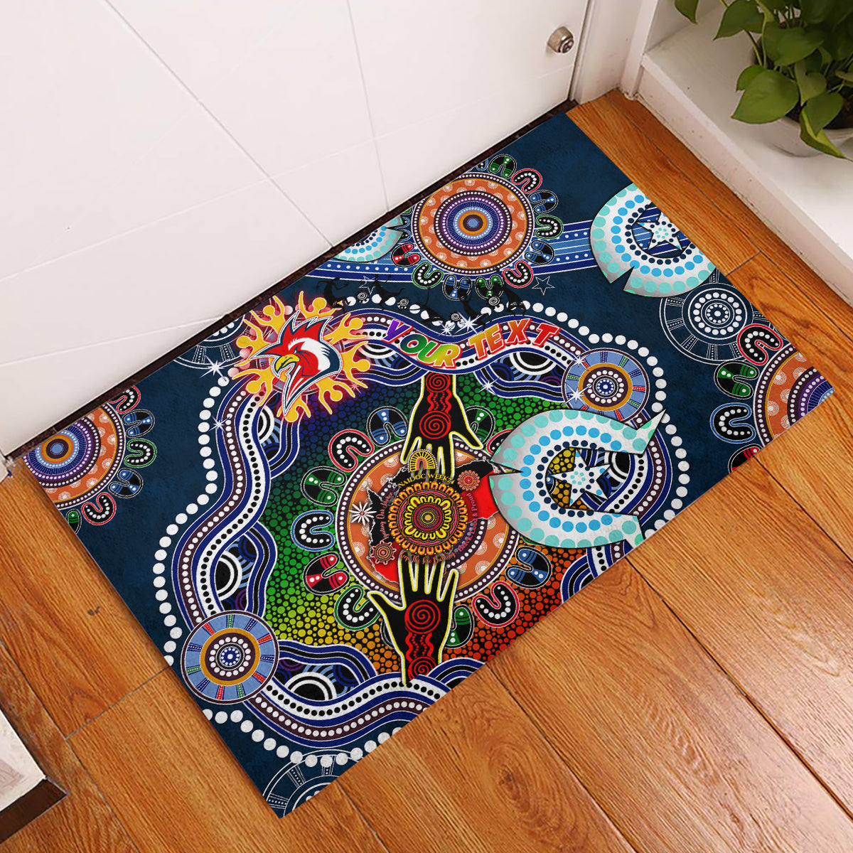 Personalised Roosters NAIDOC Week 2024 Rubber Doormat Australia Aboriginal Dot Painting