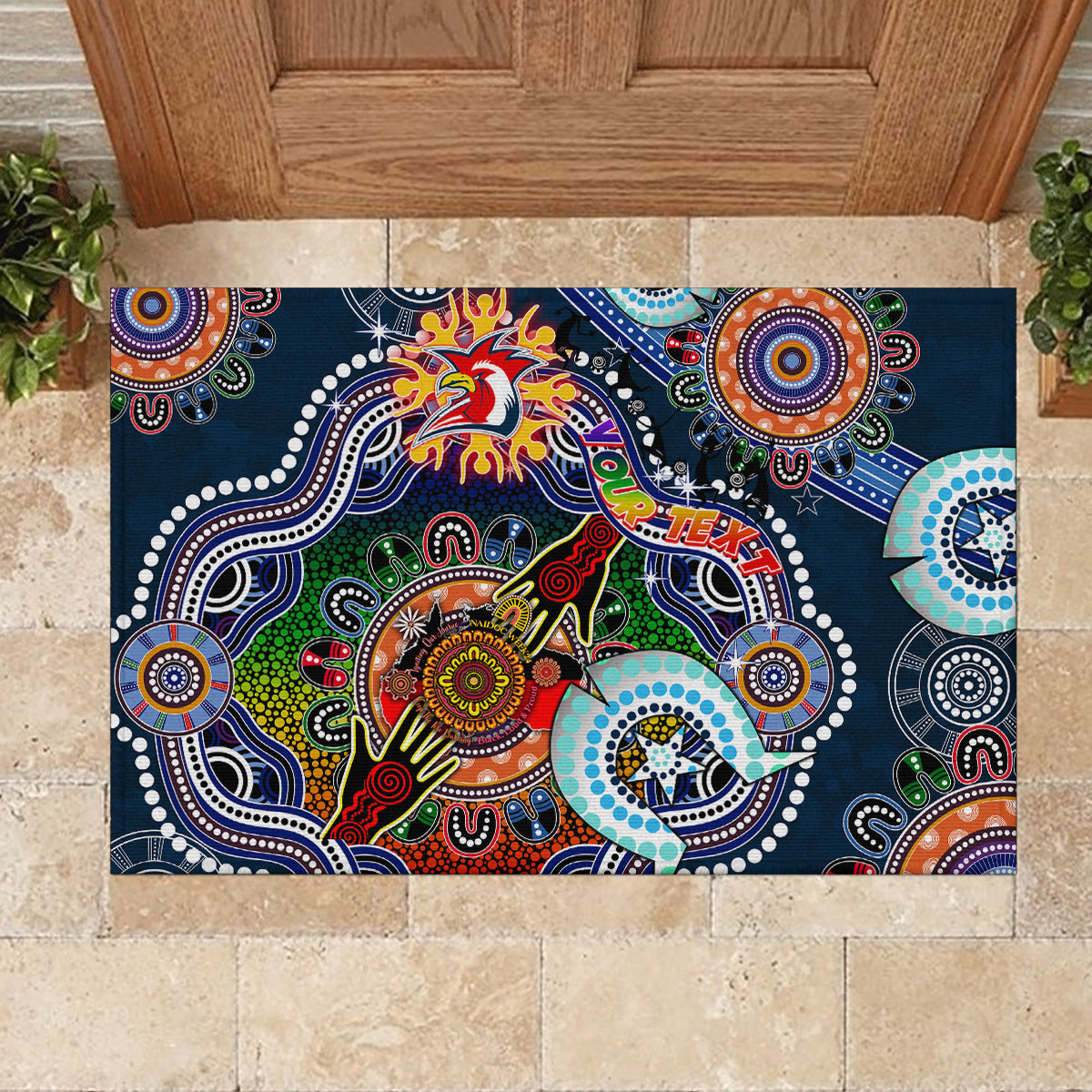 Personalised Roosters NAIDOC Week 2024 Rubber Doormat Australia Aboriginal Dot Painting