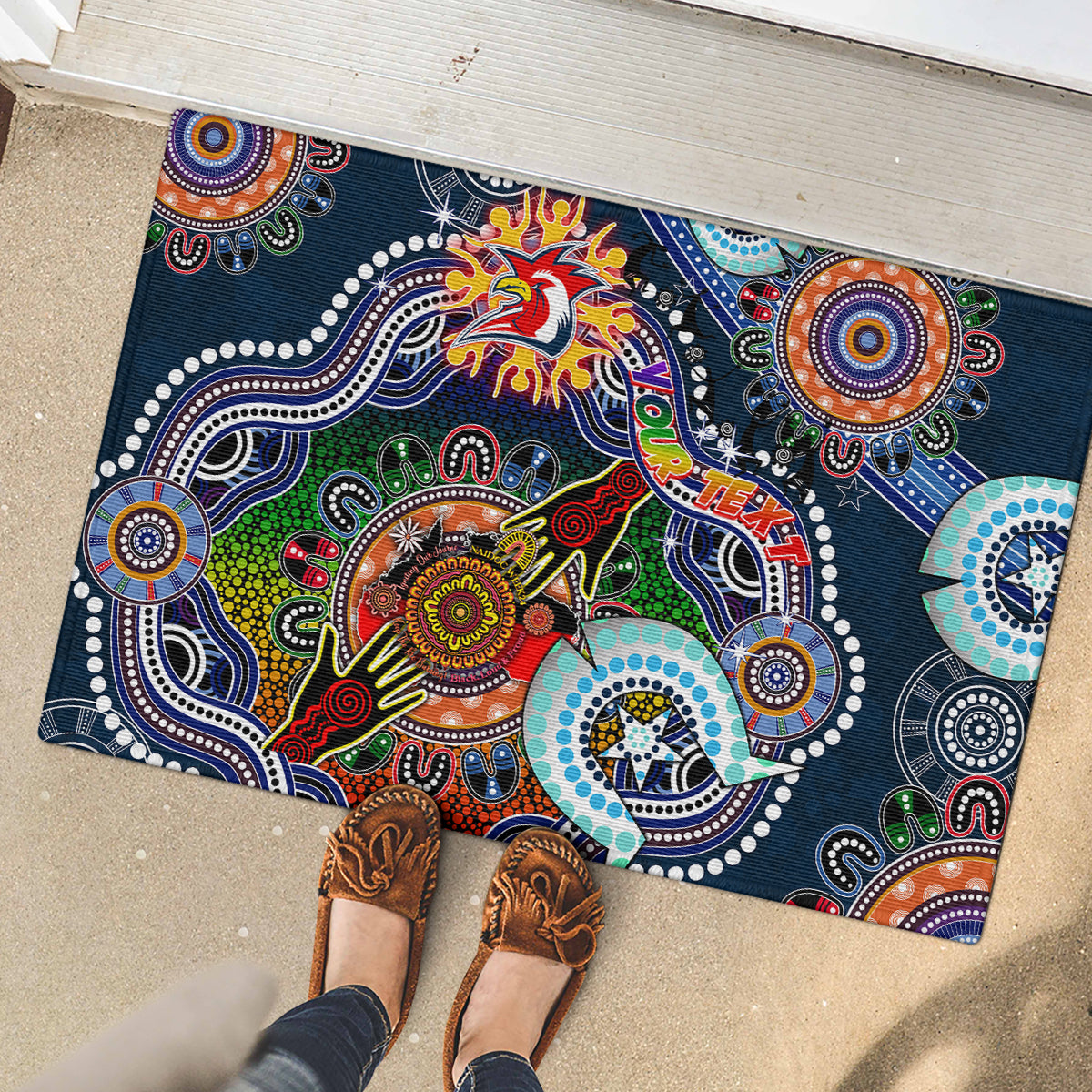 Personalised Roosters NAIDOC Week 2024 Rubber Doormat Australia Aboriginal Dot Painting