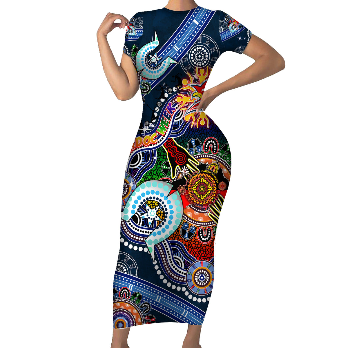 Personalised Roosters NAIDOC Week 2024 Short Sleeve Bodycon Dress Australia Aboriginal Dot Painting
