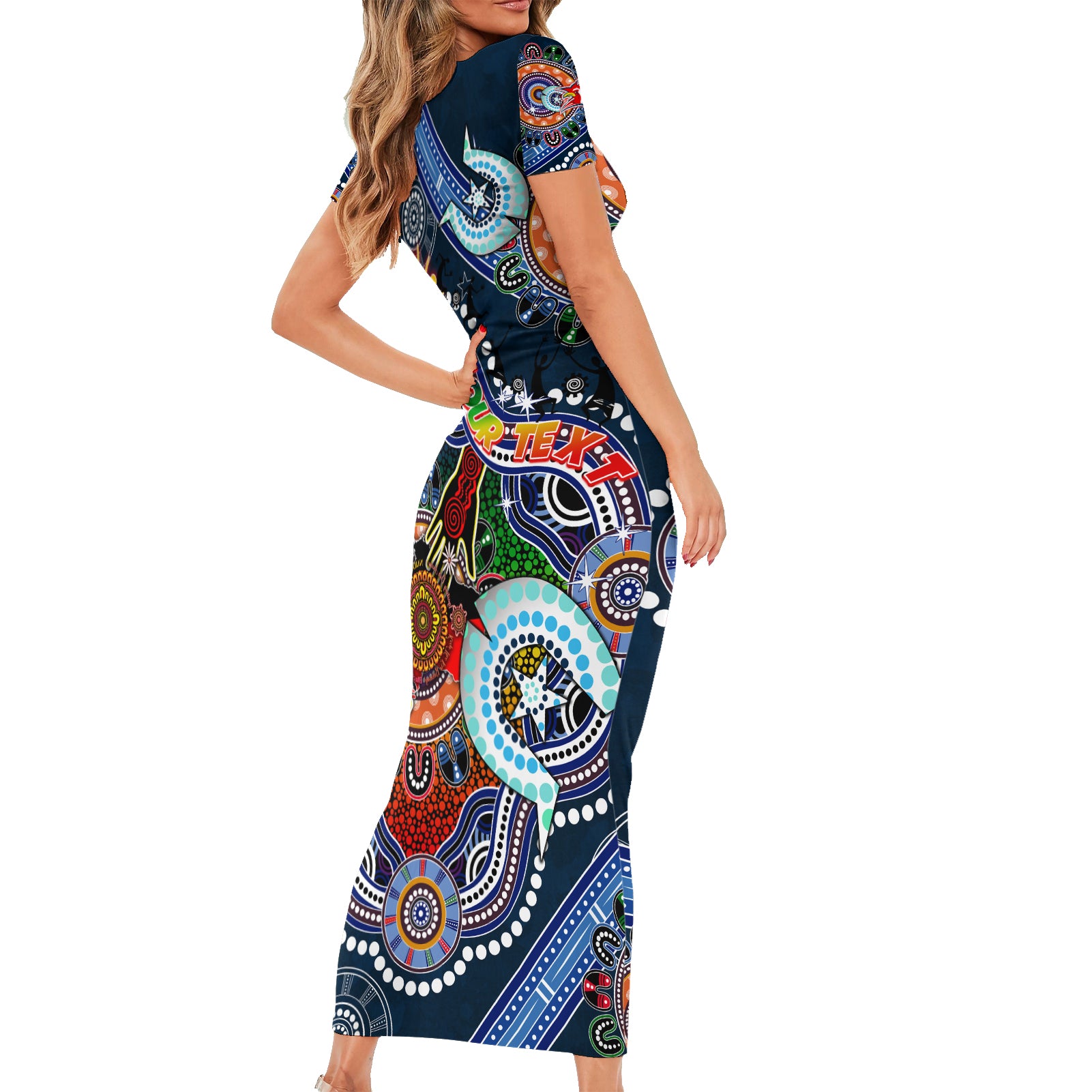 Personalised Roosters NAIDOC Week 2024 Short Sleeve Bodycon Dress Australia Aboriginal Dot Painting