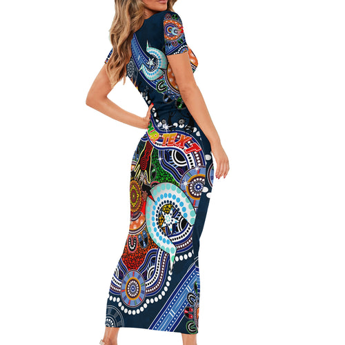 Personalised Roosters NAIDOC Week 2024 Short Sleeve Bodycon Dress Australia Aboriginal Dot Painting