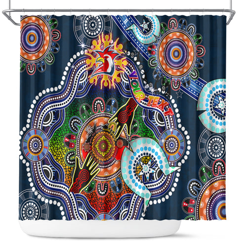 Personalised Roosters NAIDOC Week 2024 Shower Curtain Australia Aboriginal Dot Painting