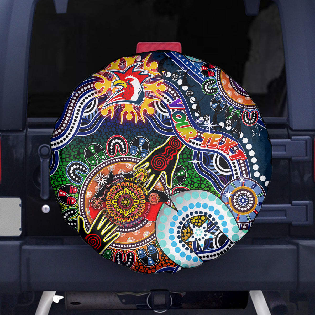 Personalised Roosters NAIDOC Week 2024 Spare Tire Cover Australia Aboriginal Dot Painting