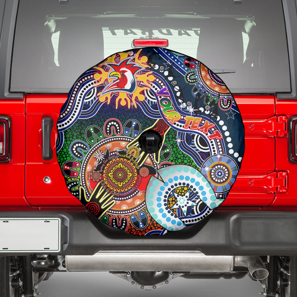 Personalised Roosters NAIDOC Week 2024 Spare Tire Cover Australia Aboriginal Dot Painting