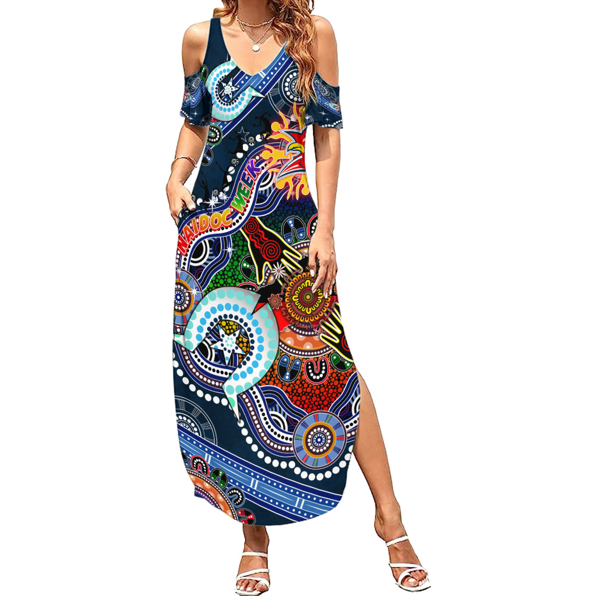 Personalised Roosters NAIDOC Week 2024 Summer Maxi Dress Australia Aboriginal Dot Painting