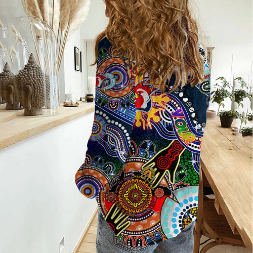Personalised Roosters NAIDOC Week 2024 Women Casual Shirt Australia Aboriginal Dot Painting