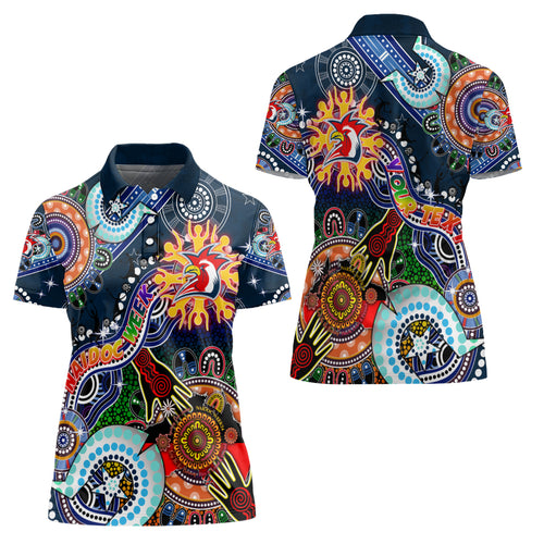 Personalised Roosters NAIDOC Week 2024 Women Polo Shirt Australia Aboriginal Dot Painting