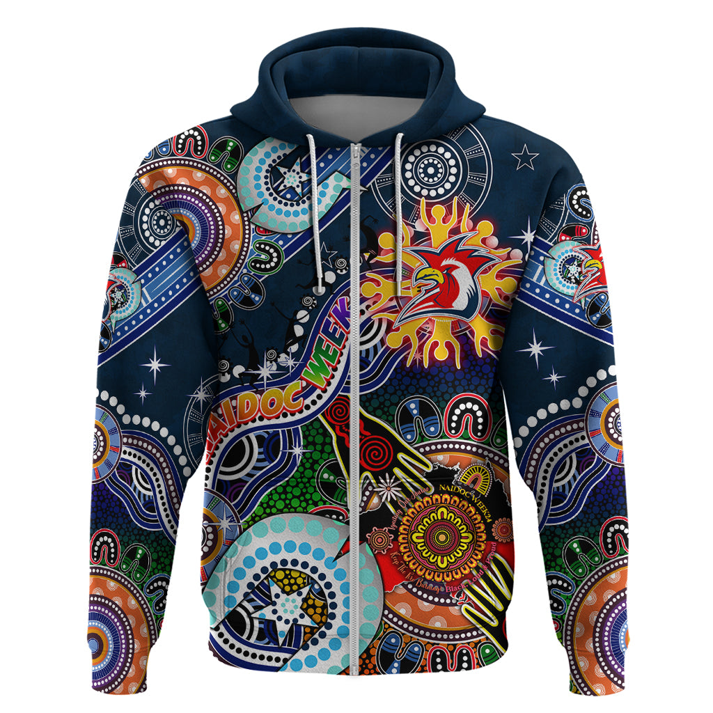 Personalised Roosters NAIDOC Week 2024 Zip Hoodie Australia Aboriginal Dot Painting