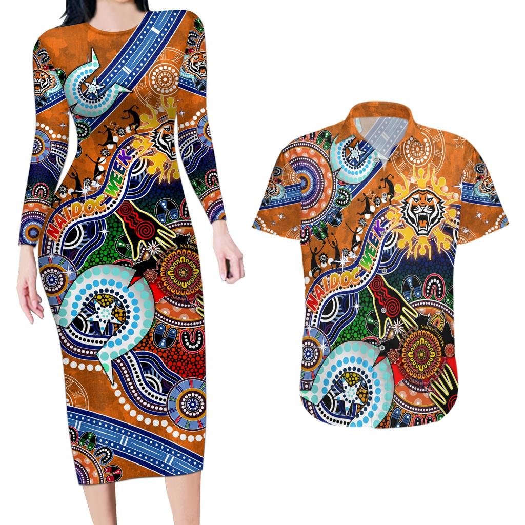 Personalised Tigers NAIDOC Week 2024 Couples Matching Long Sleeve Bodycon Dress and Hawaiian Shirt Australia Aboriginal Dot Painting