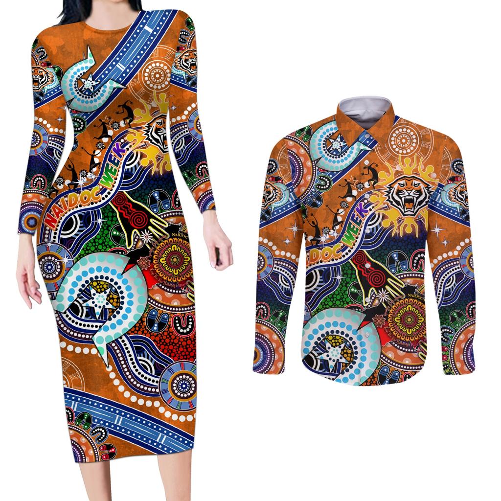 Personalised Tigers NAIDOC Week 2024 Couples Matching Long Sleeve Bodycon Dress and Long Sleeve Button Shirt Australia Aboriginal Dot Painting
