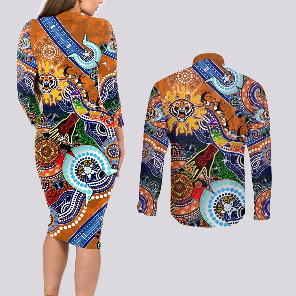 Personalised Tigers NAIDOC Week 2024 Couples Matching Long Sleeve Bodycon Dress and Long Sleeve Button Shirt Australia Aboriginal Dot Painting