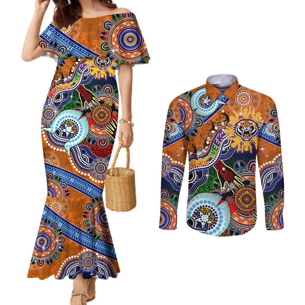Personalised Tigers NAIDOC Week 2024 Couples Matching Mermaid Dress and Long Sleeve Button Shirt Australia Aboriginal Dot Painting