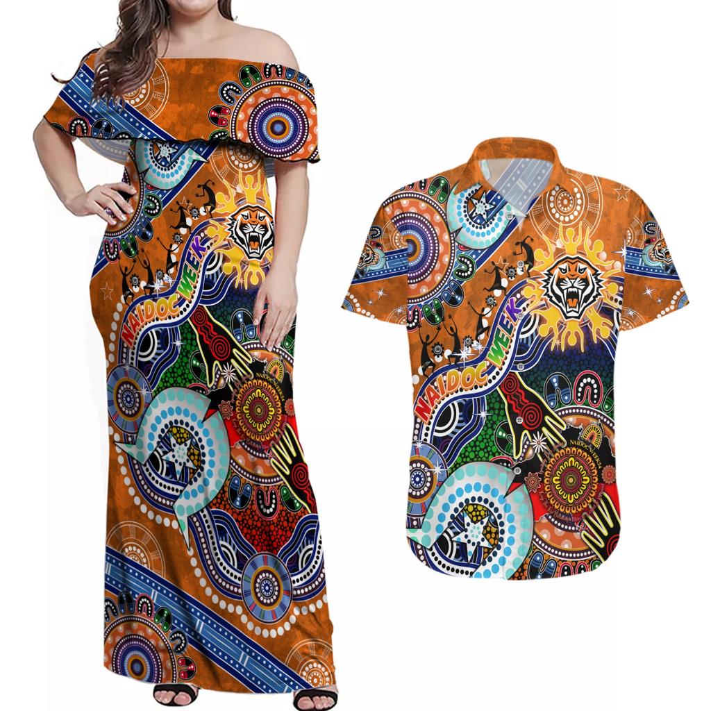 Personalised Tigers NAIDOC Week 2024 Couples Matching Off Shoulder Maxi Dress and Hawaiian Shirt Australia Aboriginal Dot Painting