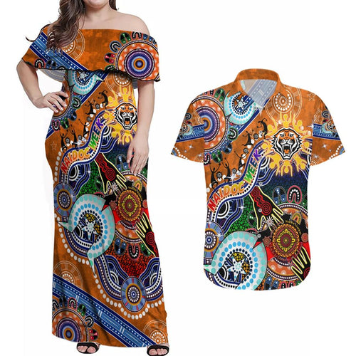 Personalised Tigers NAIDOC Week 2024 Couples Matching Off Shoulder Maxi Dress and Hawaiian Shirt Australia Aboriginal Dot Painting