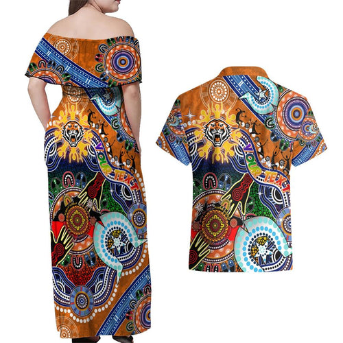 Personalised Tigers NAIDOC Week 2024 Couples Matching Off Shoulder Maxi Dress and Hawaiian Shirt Australia Aboriginal Dot Painting
