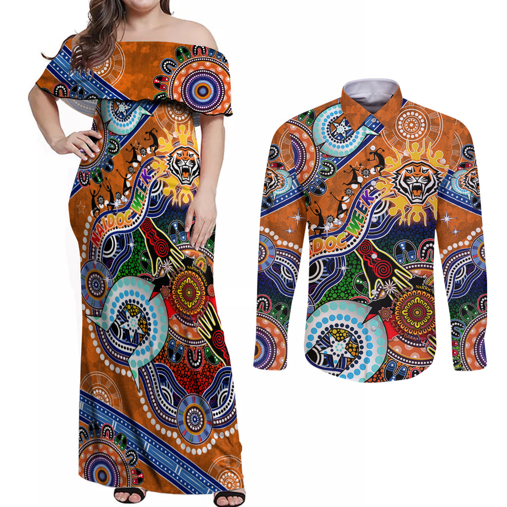 Personalised Tigers NAIDOC Week 2024 Couples Matching Off Shoulder Maxi Dress and Long Sleeve Button Shirt Australia Aboriginal Dot Painting
