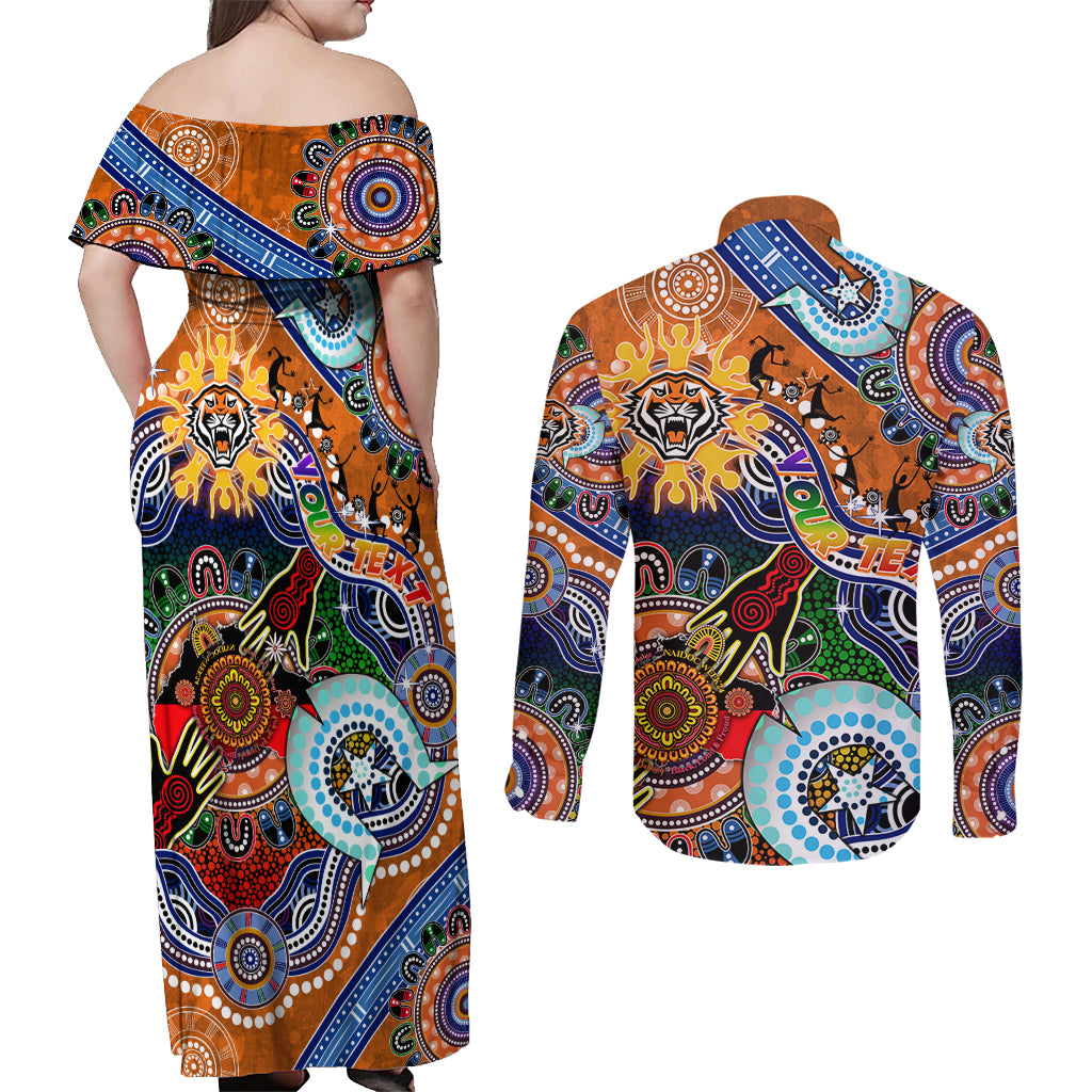 Personalised Tigers NAIDOC Week 2024 Couples Matching Off Shoulder Maxi Dress and Long Sleeve Button Shirt Australia Aboriginal Dot Painting