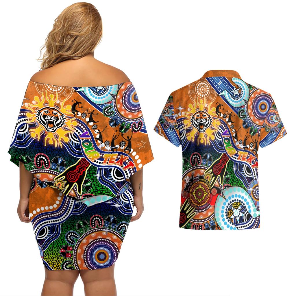 Personalised Tigers NAIDOC Week 2024 Couples Matching Off Shoulder Short Dress and Hawaiian Shirt Australia Aboriginal Dot Painting