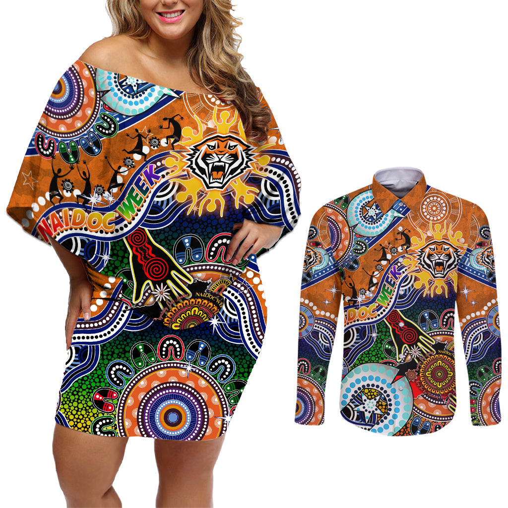 Personalised Tigers NAIDOC Week 2024 Couples Matching Off Shoulder Short Dress and Long Sleeve Button Shirt Australia Aboriginal Dot Painting