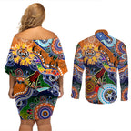 Personalised Tigers NAIDOC Week 2024 Couples Matching Off Shoulder Short Dress and Long Sleeve Button Shirt Australia Aboriginal Dot Painting