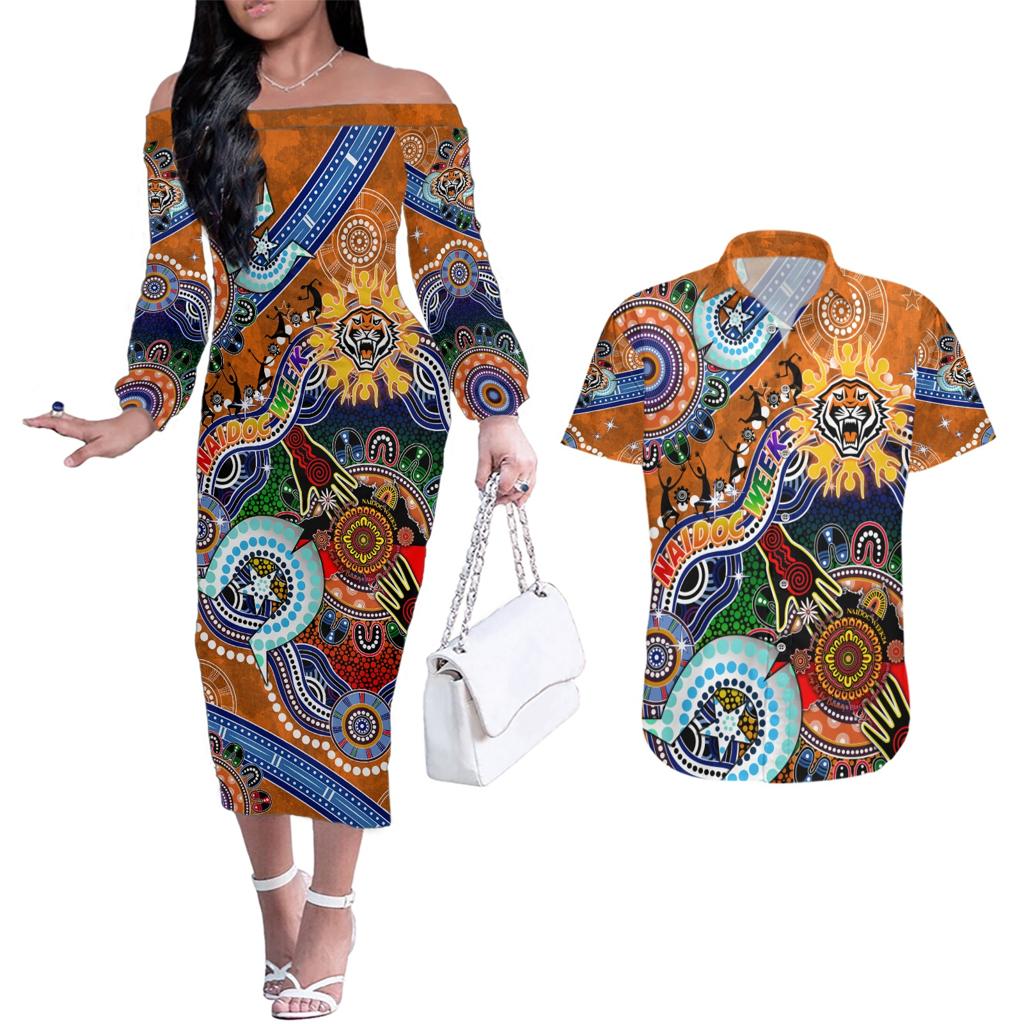 Personalised Tigers NAIDOC Week 2024 Couples Matching Off The Shoulder Long Sleeve Dress and Hawaiian Shirt Australia Aboriginal Dot Painting