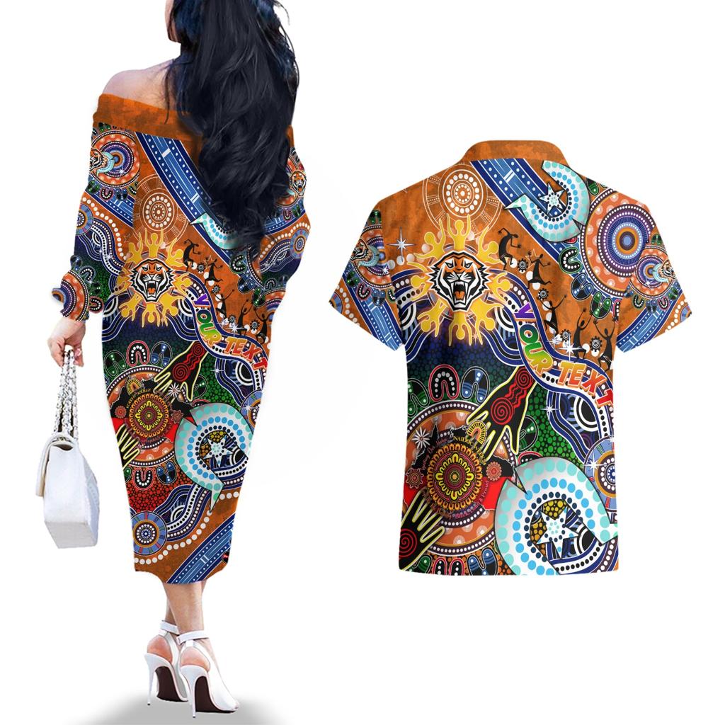 Personalised Tigers NAIDOC Week 2024 Couples Matching Off The Shoulder Long Sleeve Dress and Hawaiian Shirt Australia Aboriginal Dot Painting