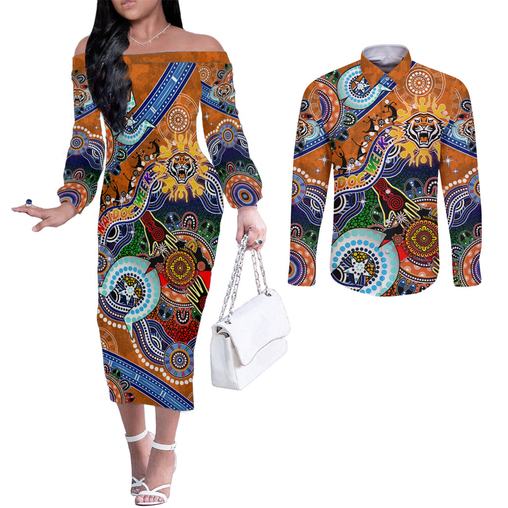 Personalised Tigers NAIDOC Week 2024 Couples Matching Off The Shoulder Long Sleeve Dress and Long Sleeve Button Shirt Australia Aboriginal Dot Painting