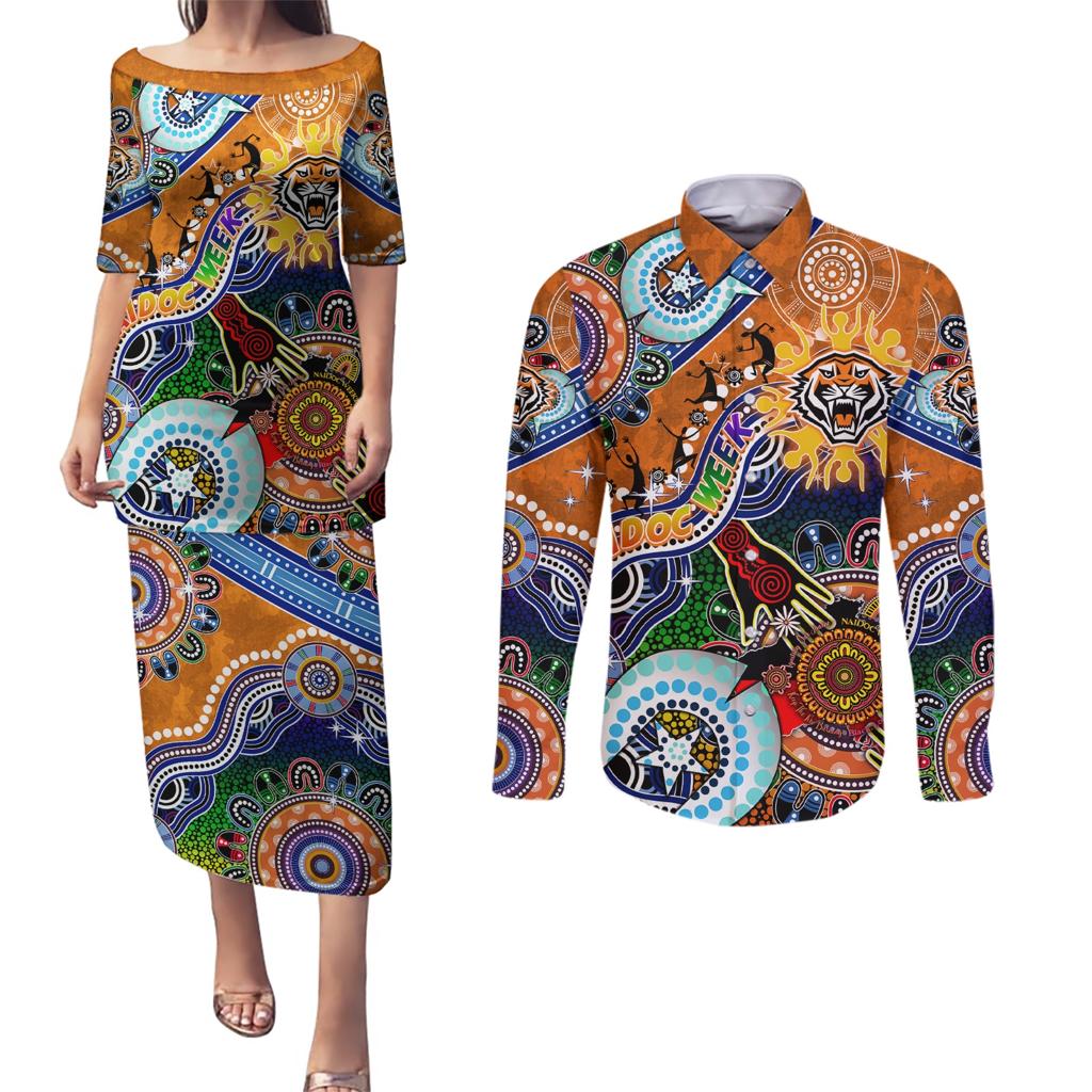 Personalised Tigers NAIDOC Week 2024 Couples Matching Puletasi and Long Sleeve Button Shirt Australia Aboriginal Dot Painting