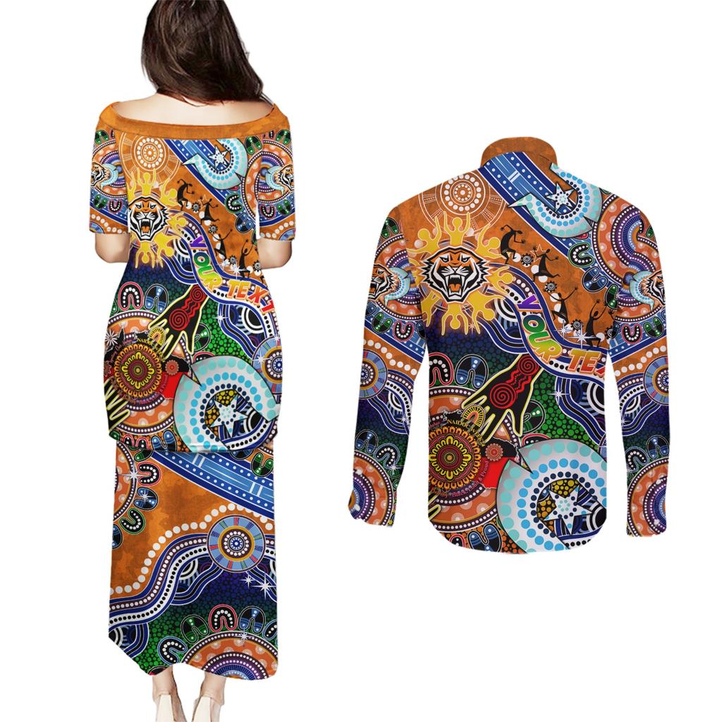 Personalised Tigers NAIDOC Week 2024 Couples Matching Puletasi and Long Sleeve Button Shirt Australia Aboriginal Dot Painting