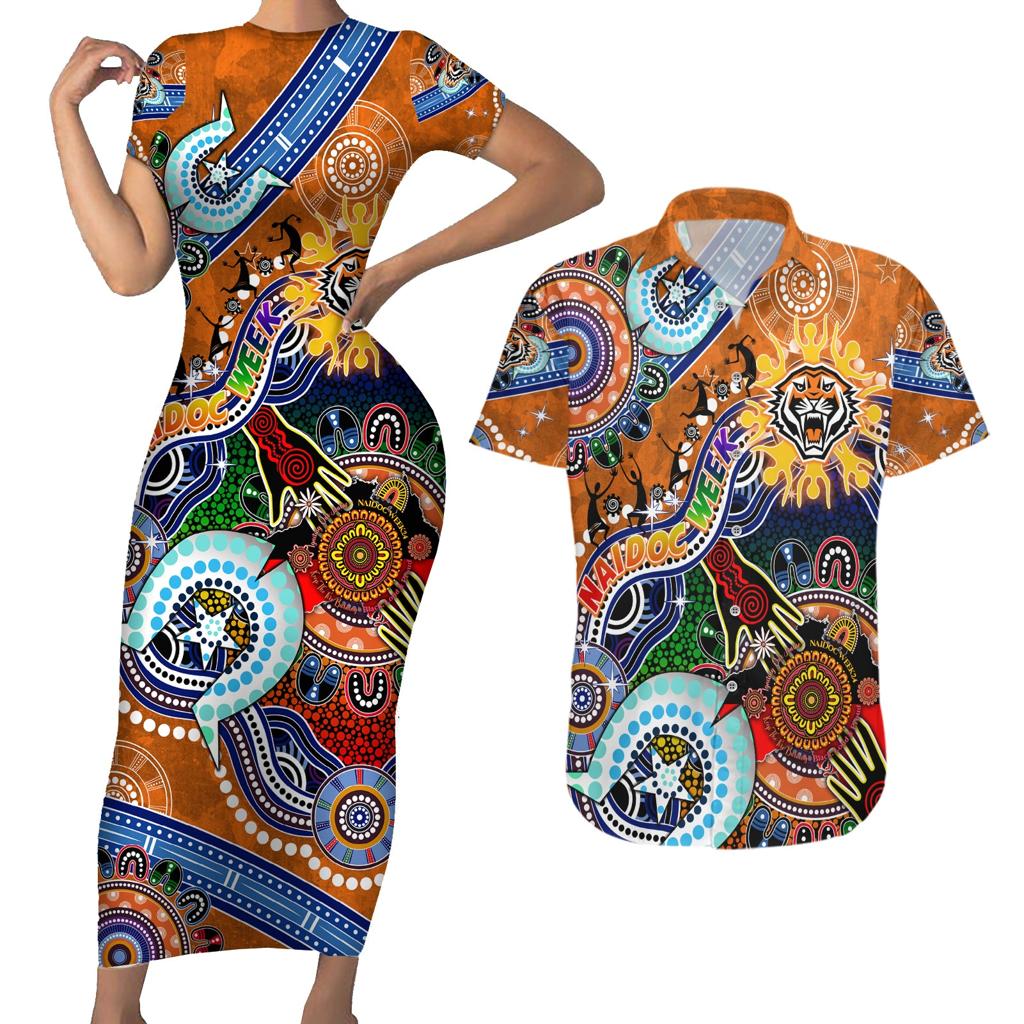 Personalised Tigers NAIDOC Week 2024 Couples Matching Short Sleeve Bodycon Dress and Hawaiian Shirt Australia Aboriginal Dot Painting