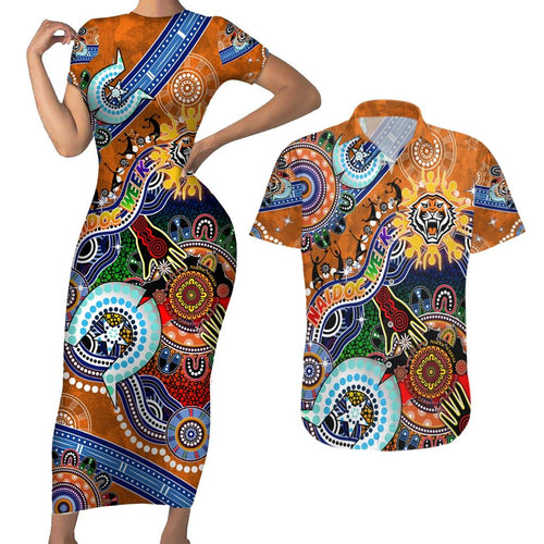 Personalised Tigers NAIDOC Week 2024 Couples Matching Short Sleeve Bodycon Dress and Hawaiian Shirt Australia Aboriginal Dot Painting