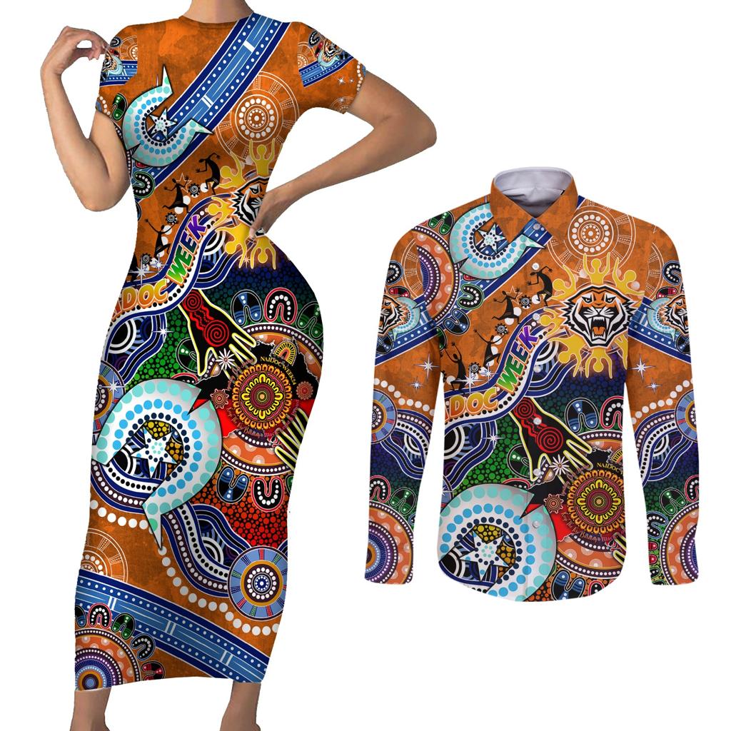 Personalised Tigers NAIDOC Week 2024 Couples Matching Short Sleeve Bodycon Dress and Long Sleeve Button Shirt Australia Aboriginal Dot Painting