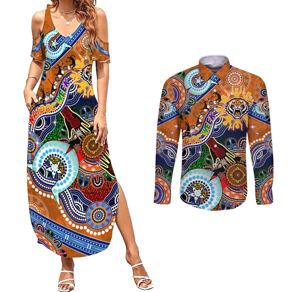 Personalised Tigers NAIDOC Week 2024 Couples Matching Summer Maxi Dress and Long Sleeve Button Shirt Australia Aboriginal Dot Painting