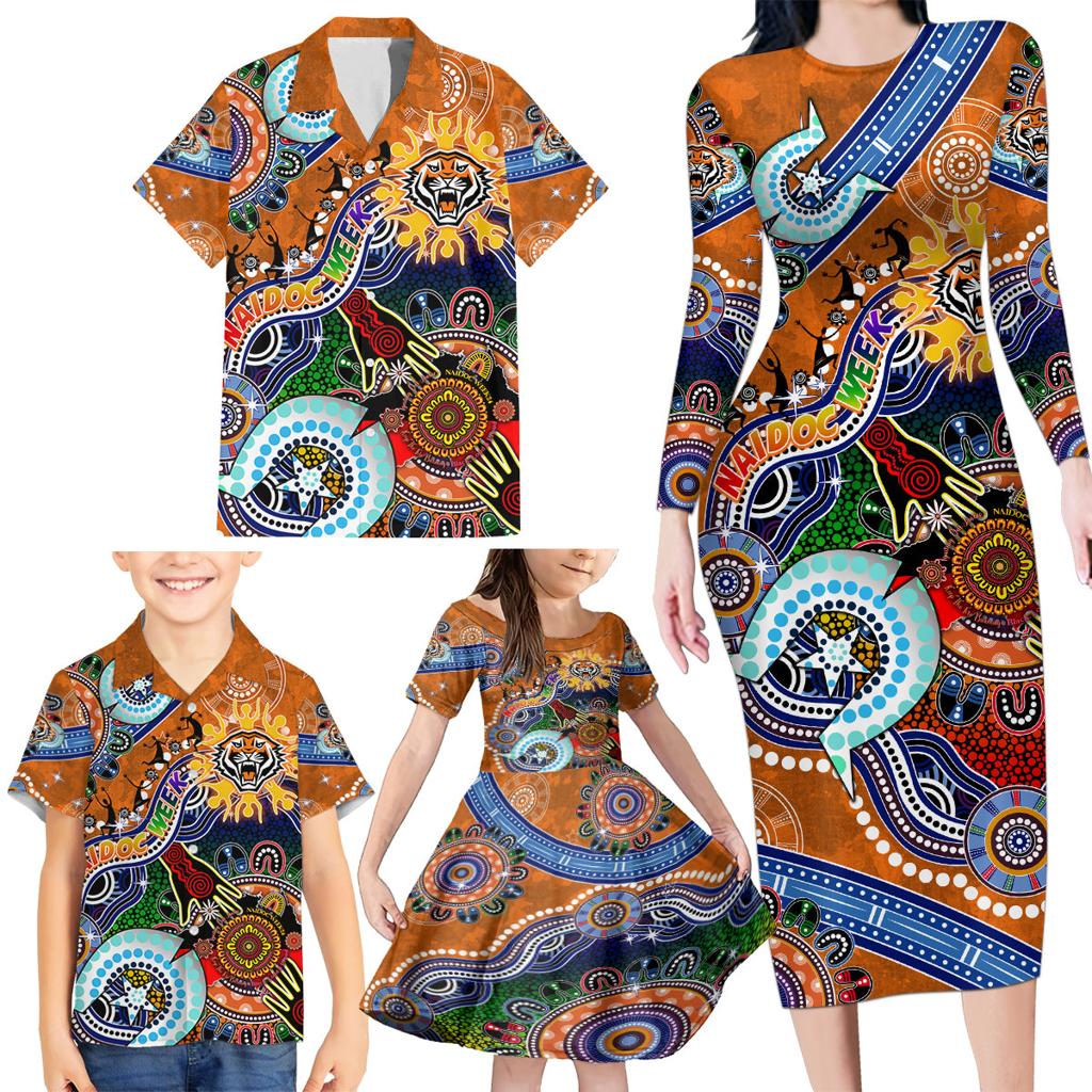 Personalised Tigers NAIDOC Week 2024 Family Matching Long Sleeve Bodycon Dress and Hawaiian Shirt Australia Aboriginal Dot Painting