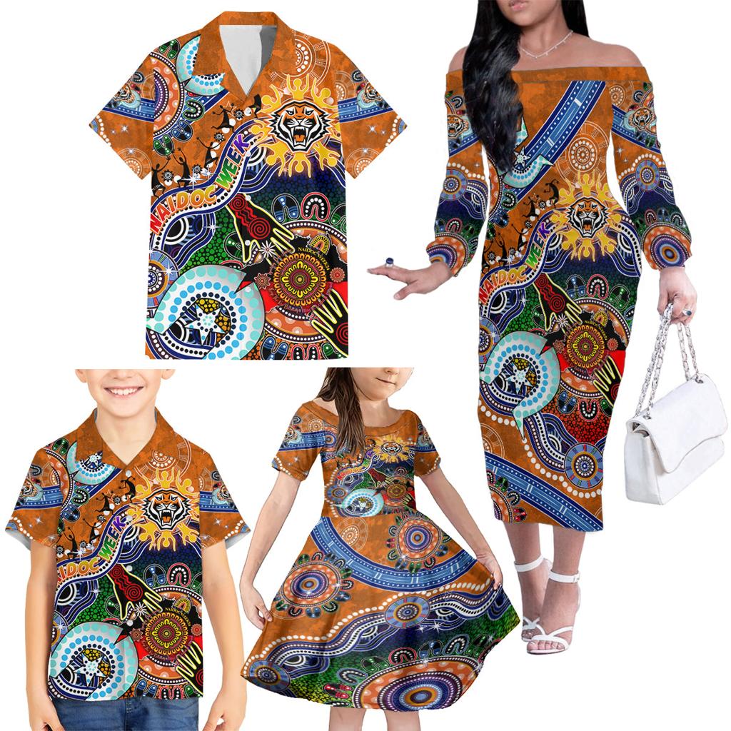 Personalised Tigers NAIDOC Week 2024 Family Matching Off The Shoulder Long Sleeve Dress and Hawaiian Shirt Australia Aboriginal Dot Painting